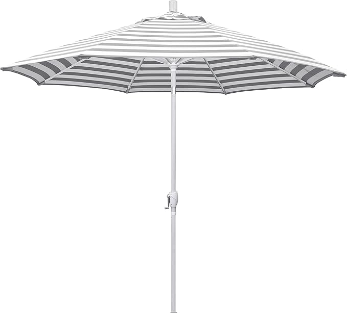 California Umbrella 9' Round Aluminum Market Umbrella, Crank Lift, Push Button Tilt, White Pole, Gray/White Olefin