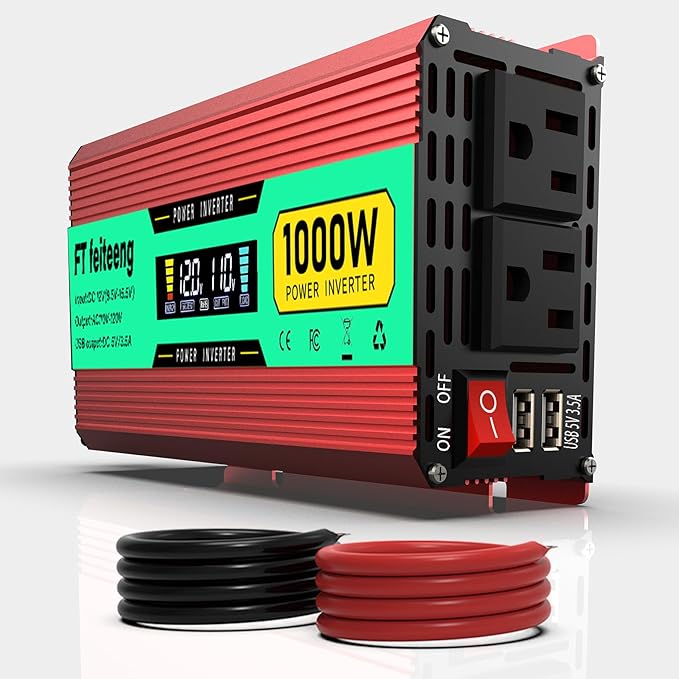 1000 Watt Power Inverter, 12V DC to 120V AC for Vehicles, Home Use Outdoor Camping Car Power Inverter with 2 AC Outlets, 2 USB Ports, Cooling Fan, Cables, LED Screen