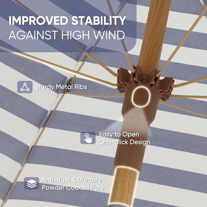 Tempera Heavy Duty High Wind Beach Umbrella with Sand Anchor & Carry Bag | Patio Outdoor Umbrella with Aluminum Frame and Push Button Tilt, Ideal for Travel Garden Lawn, UPF 60+