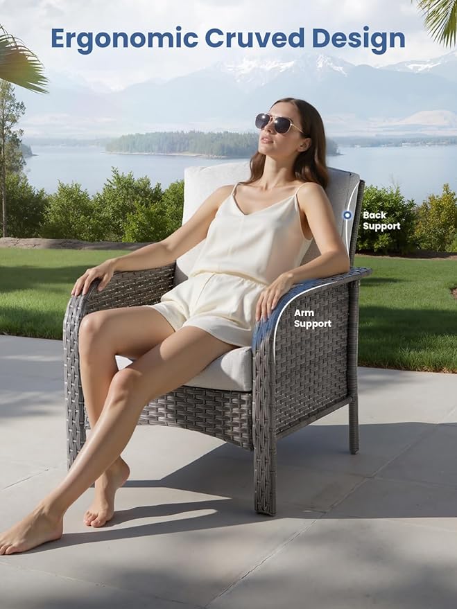 3-Piece Outdoor Patio Furniture Set with Swivel Chairs, Outdoor Conversation Wicker Sofa with Coffee Table, Rattan Couch for Deck Yard Poolside, Grey