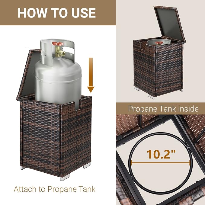 22.4in Outdoor Rattan Side Tables,Iron Frame Gas Bottle Storage Bin,Waterproof Patio Coffee Side Tables,All-Weather PE Wicker End Table,with Lid,for Garden Porch Poolside Deck Backyard (Brown)
