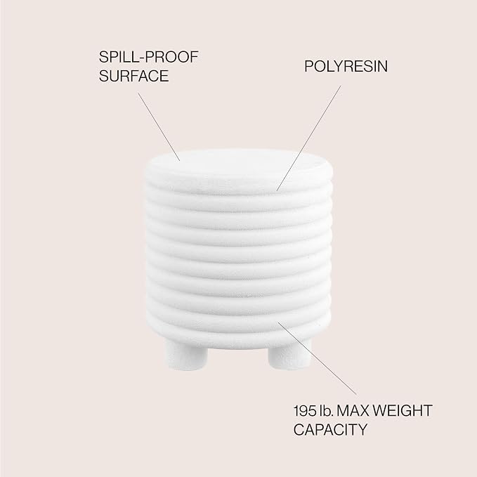 JONATHAN Y Evans Modern Ribbed Drum Outdoor Accent Table, 18" H Weather-Resistant Footed Garden Stool for Patio, Porch, and Living Room, Frosted White TBL1107B