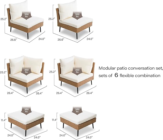 LAUSAINT HOME 6-Piece Patio Conversation Set, Modular Outdoor Sofa with Thick Cushions, All-Weather PE Rattan Sectional Seating for Garden, Backyard & Deck, Beige