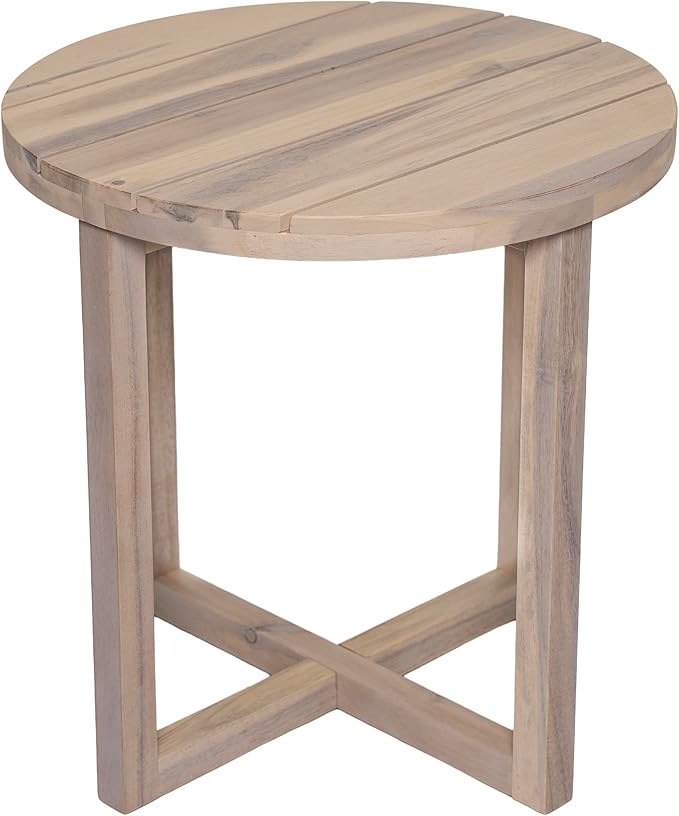 Christopher Knight Home Jara Outdoor Round Side Table, Slat Panel Small Coffee Table, Acacia Wood Side Desk for Backyard Balcony Garden, Weather Resistant Patio End Table, Light White