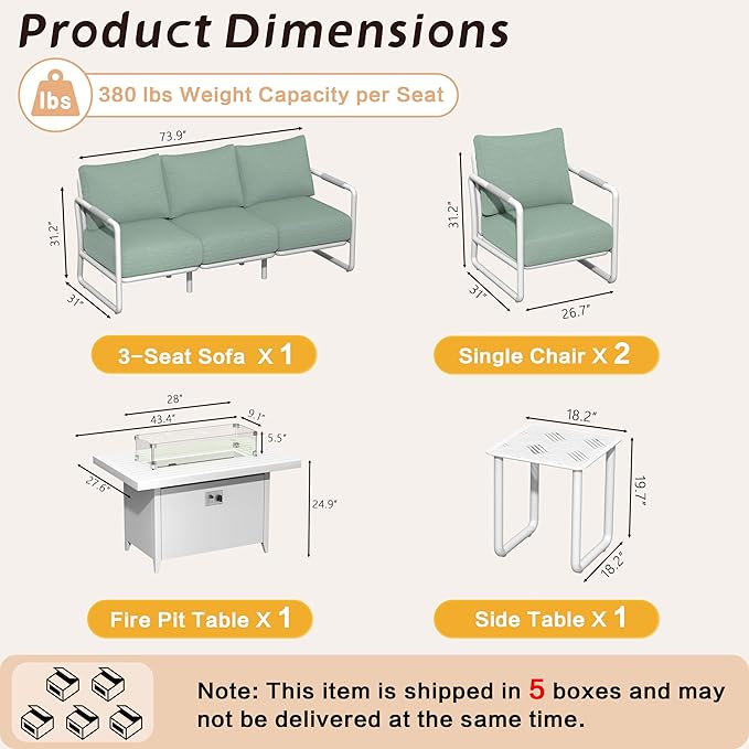 Outdoor Aluminum Patio Furniture Set, 5-Seats Patio Conversation Sofa Set with Oversized Fire Pit Table w/Glass Wind Guard, All Weather for Balcony, Garden-White