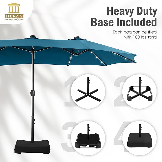 HERA'S PALACE 15ft Patio Umbrella with Base Included Double Sided Outdoor Umbrella for Patio Table Umbrella Outdoor 36 LED Solar Lights for Garden