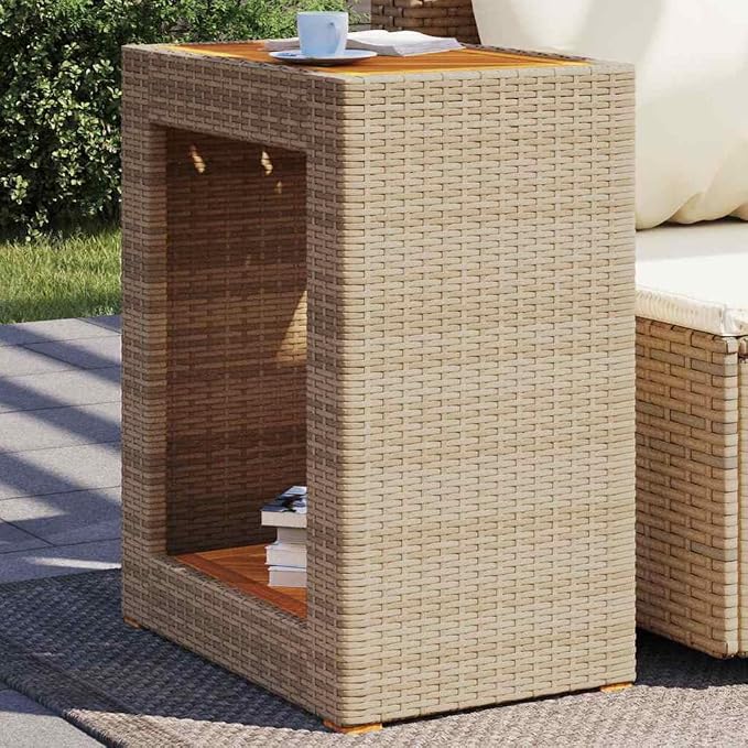 Outdoor Side Table with Acacia Wood Top and Poly Rattan Base, Rectangular Patio End Table for Garden, Terrace, and Balcony, 23.6 x 15.7 x 29.5 Inches