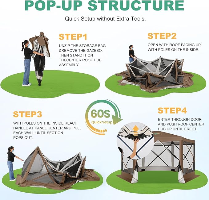 COBIZI 12x12 FT Pop Up Canopy Extendable Tent, Gazebos On Clearance with Removable Roof,Screened in Gazebo,Screen Tents Portable carpas para Patio for Outdoor Camping,Backyard, Garden,Brown(Upgraded)