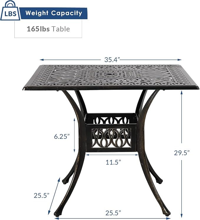 35.4 Inch Outdoor Dining Table Square Patio Table Bronze Cast Aluminum Rustic Large Table with Umbrella Hole