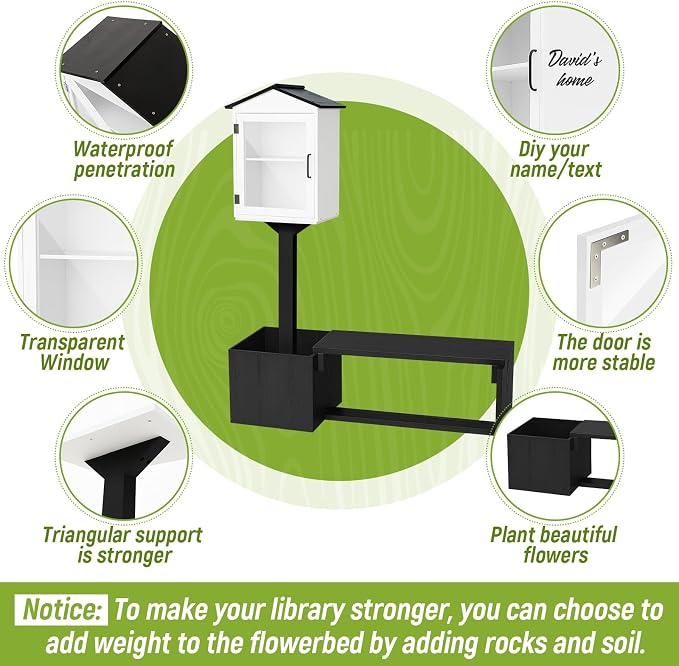 Wonderjune 3-in-1 Little Library Box Outdoor with Bench & Planter DIY Paintable Lending Free Library Pine Wood Neighborhood Share Box Ground Mount Kit for Yard Garden Community School(Black and White)