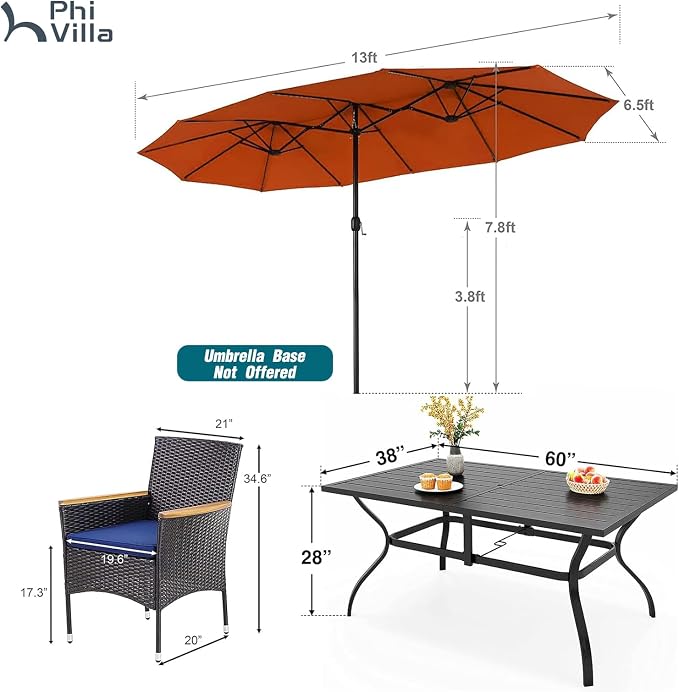 PHI VILLA 7pc Patio Dining Set w/Umbrella, Rectangular Table, Rattan Chairs | Outdoor Dining Set for 6, 60" Metal Table & 6 Cushioned Rattan Chairs with Red Umbrella for Outdoor, Deck, Yard, Porch