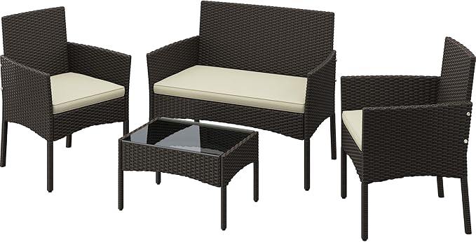 Yaheetech Patio Furniture Set 4 Pieces Conversation Sets, Rattan Chair Wicker Set Loveseat with Soft Cushion and Glass Table for Backyard Porch Garden Poolside Balcony, Brown and Beige