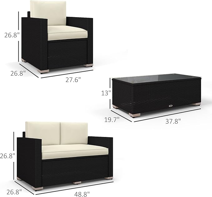 Outsunny 4 Piece Wicker Patio Furniture Set with Cushions, Outdoor Sectional Furniture with 2 Sofa, Loveseat, and Glass Top Coffee Table, Conversation Sofa Sets for Garden, Cream White