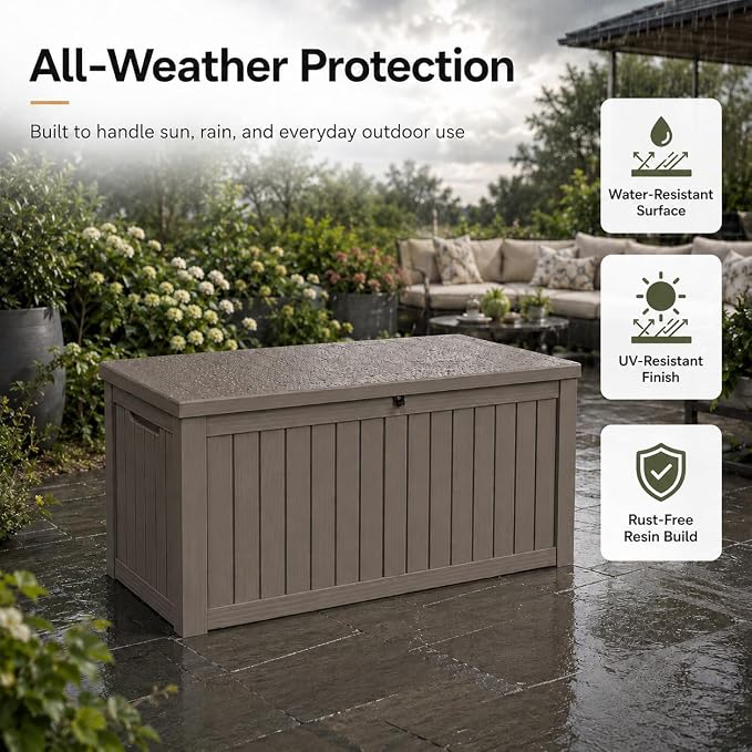 270 Gallon Extra Large Deck Box Outdoor, Resin Storage Box Outdoor Waterproof, Lockable Garden Storage Bench, Holds Patio Furniture, Pool Supplies & Equipment, Hydraulic Rod, UV-Proof, Gray Brown
