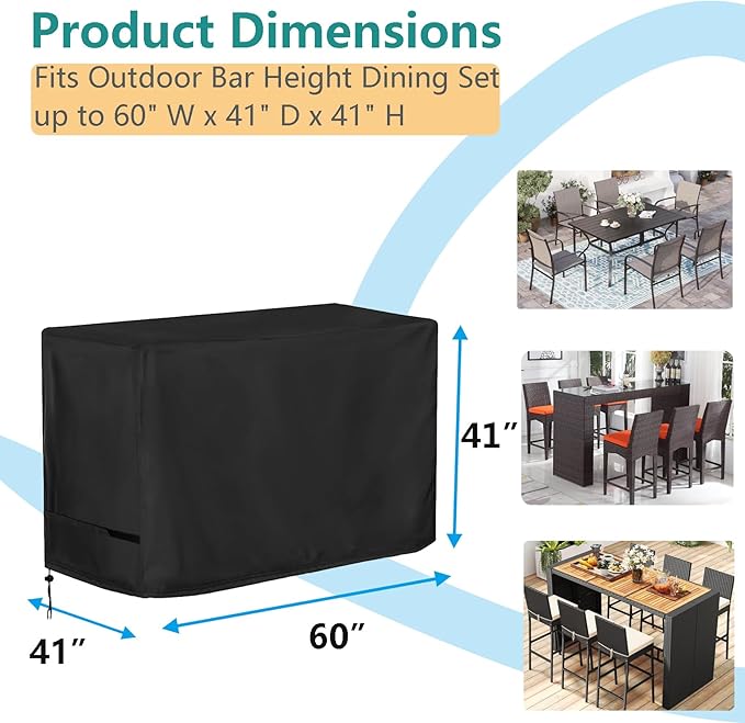 Oslimea Outdoor Bar Covers 60" Long Waterproof Tall Bar Height Patio Table Covers for Outdoor Furniture Rectangular Patio Furniture Covers for Dining Table Chairs Set, 60" L x 41" D x 41" H