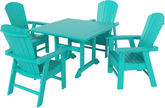 WestinTrends Dylan Adirondack Patio Dining Set for 4, All Weather Poly Lumber Outdoor Table and Chairs Set of 4, 43" Trestle Square Dining Table and Seashell Adirondack Dining Chair, Turquoise