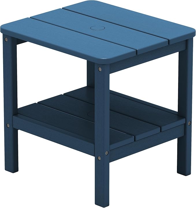 SERWALL Double Layer Adirondack Side Table with Umbrella Hole, HIPS Outdoor Side Table Rectangular End Tables for Patio, Poolside, Garden, Blue