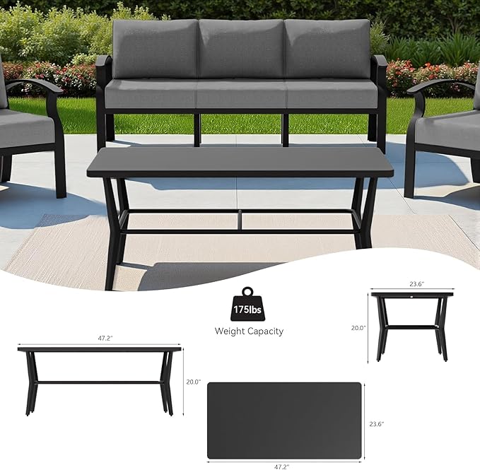 Aluminum Patio Furniture Set with Rectangular Coffee Table, 5 Seats Outdoor Patio Conversation Sets w/5.1" Cushions,Patio Conversation Sets for Garden, Backyard, Porch-Grey