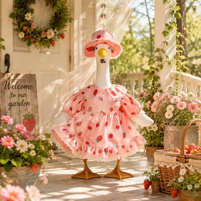 Cute Strawberry Porch Goose Outfits, 23” Porch Goose Summer Outfit | Goose Clothes with Dress and Hat for Outdoor Garden, Lawn, Yard, Patio Decor