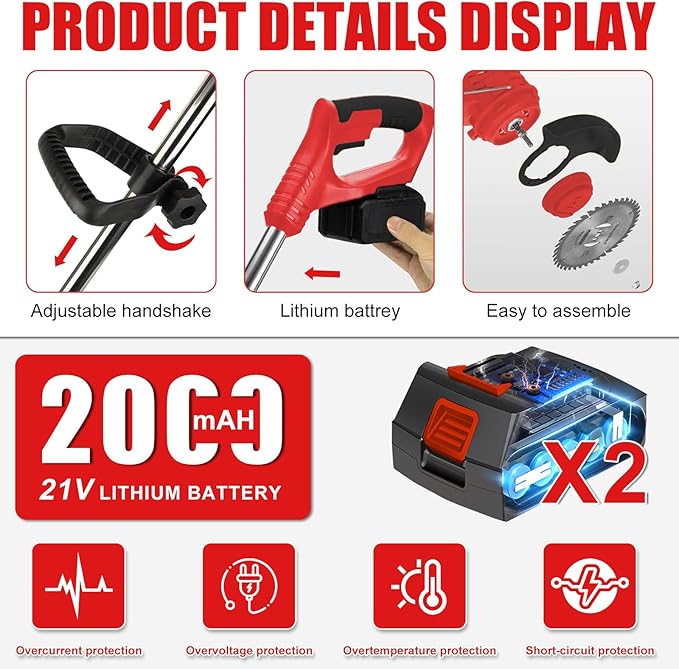 Electric Weed Wacker String Weed Eater Cordless Grass Trimmer 21V Battery Powered String Trimmer with 2x2.0ah Battery and Charger Brush Cutter/Edger/Mower with 3 Types Blade for Garden Lawn Turf(Red)