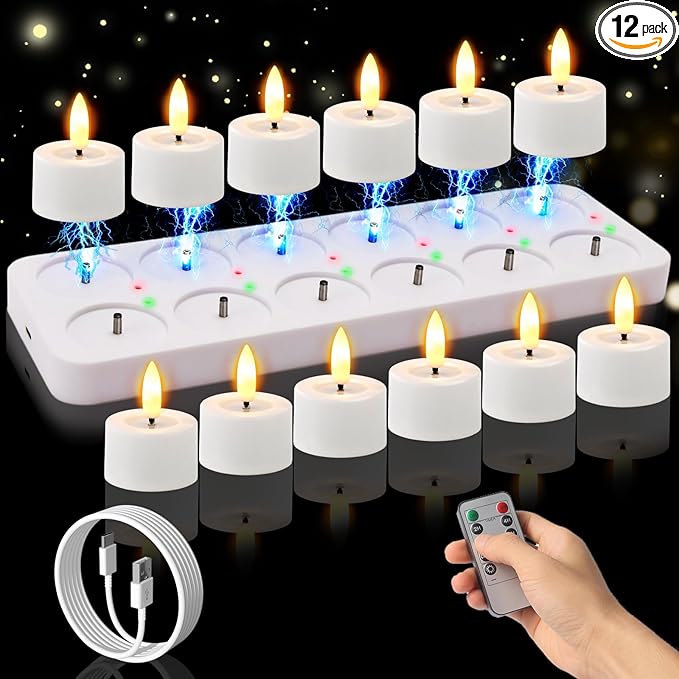 Rechargeable Flameless Tea Lights Candles with Timer Romote, 1.5"x 2" Small Votive Candle with USB Charging Base, Electric LED Candles for Wedding Centerpiece Table Decor (12 Pack)