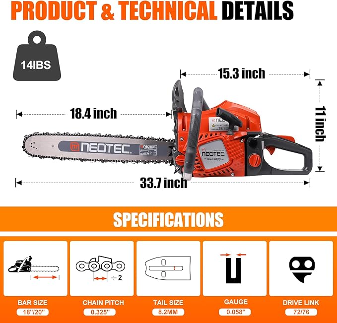 58CC Gas Powered Chainsaw 18 20 Inch Bar Chain Ergonomic Chainsaw Chain Brake Anti-Vibration System, 2-Cycle Petrol Motosierra De Gasolina for Tree Cutting Firewood Wood Yard Cleaning
