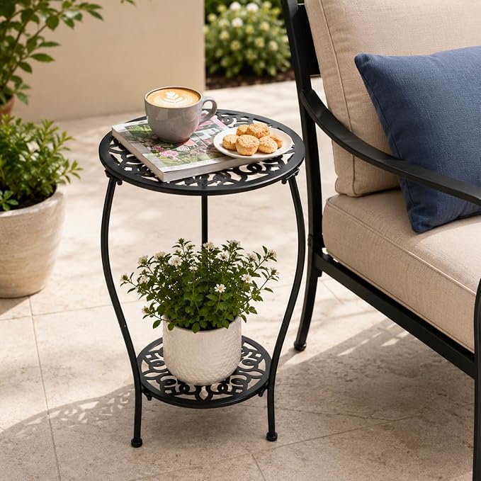2-Pack 13" 2-tiered Metal Round Side Tables Small Black Outside End Table for Patio Round Accent Garden Corner Stand for Small Spaces Weather-resistant Outdoor Coffee Table for Balcony, Black