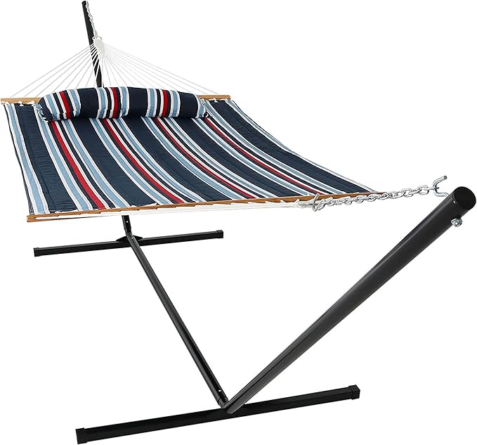 Sunnydaze Quilted Double Hammock with Stand for Outside - 400-Pound Capacity 2-Person Hammock with Stand - 15-Foot Stand - Nautical Stripe
