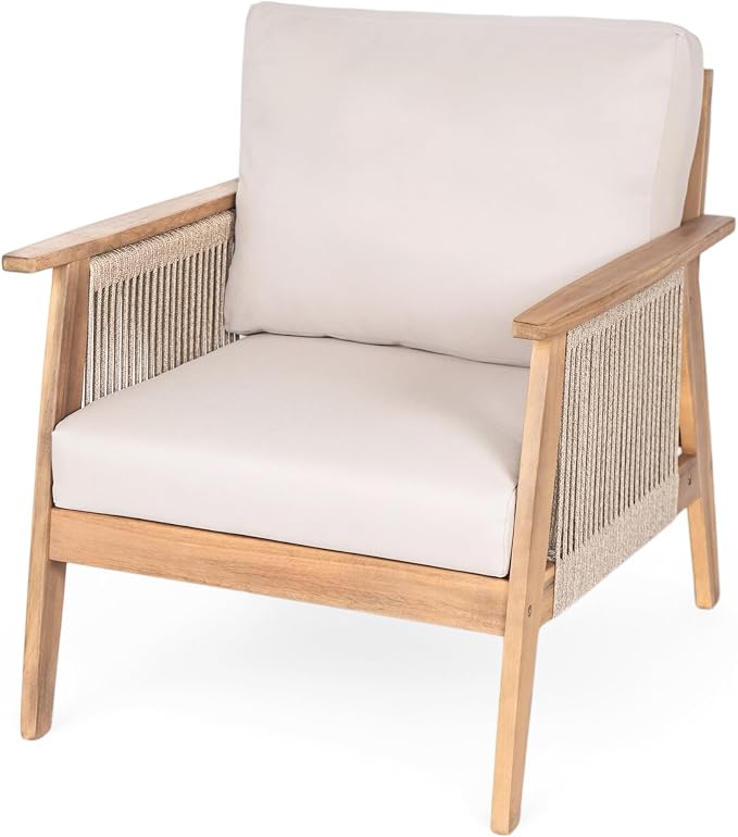Christopher Knight Home Lorna 4-Seater Patio Furniture Set with Removable Cushion, 4 Piece Outdoor Acacia Wood Conversation Set, Sold Wood Outdoor Sectional Sofa Set with Coffee Table, Teak+Beige
