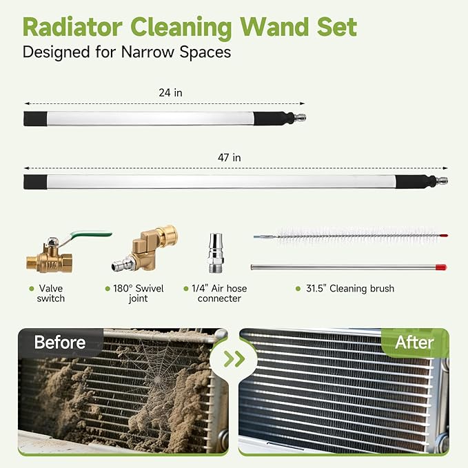 47" &24" Radiator Cleaning Wand Set, 97.5 inch Pressure Washer Extension Wand with Spray Nozzle Tips, 30°,90°,120° Curved Rod, 1/4" Quick Connect