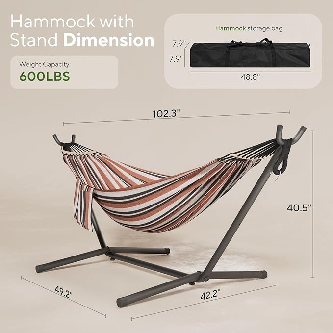 600lbs Hammock with Stand for Outside, 2 Person Portable Hammock with Side Storage, Carrying Bag, Expend Wooden Bar for Outdoor or Indoor (Brown Black)