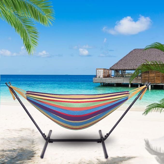 Double Hammock with Space Saving Steel Stand,2 People Standing Hammocks with Portable Carrying Bag,Easy Assembly,330lb Capacity,Perfect for Indoor,Yard,Camping,Garden (Colorful)