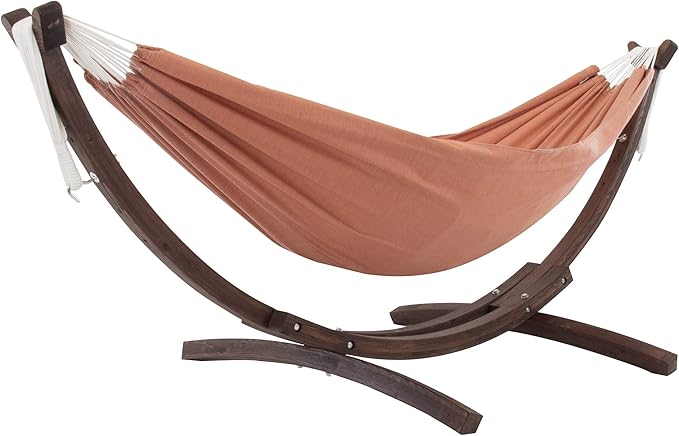 Vivere Double Cotton Hammock with Solid Pine Arc Stand - 450 lb Capacity, Durable FSC Wood Frame, Includes Hardware & User Guide - 450 lb Weight Capacity (Coral)