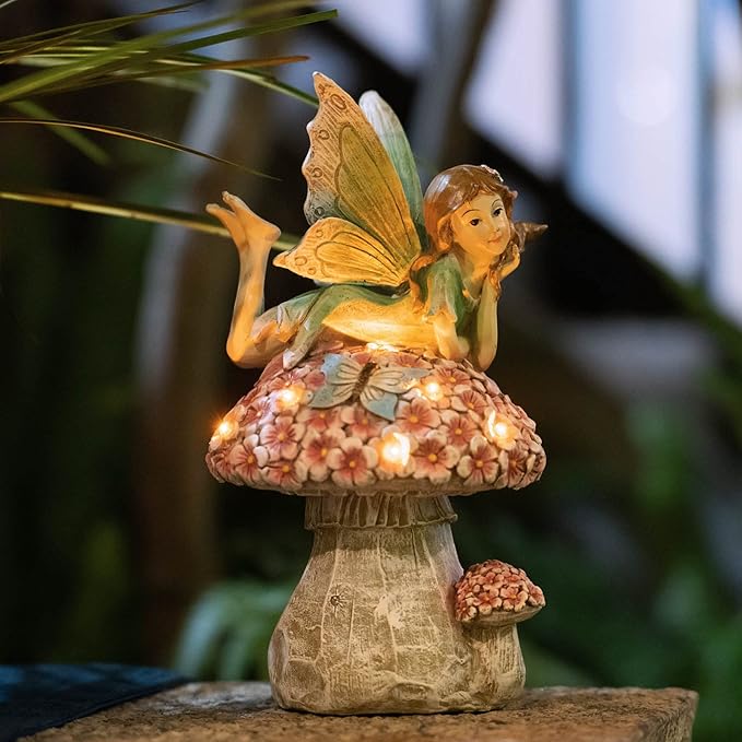 Suyorpe Fairy Outdoor Statue Solar Powered Resin Ornaments, Patio Lawn Yard Porch, Fairy Figurines for Home Garden Gifts, 8.66 Inches Tall