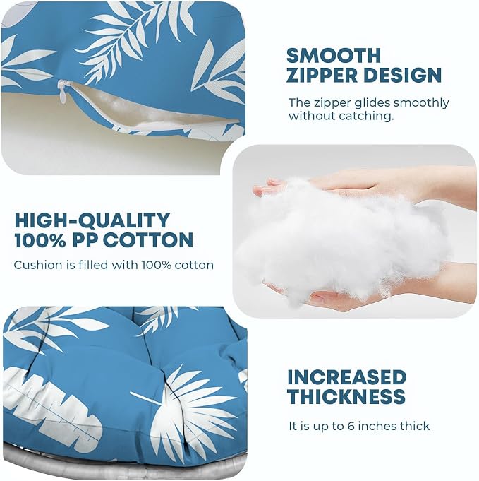 Outdoor Round Egg Chair Cushion Replacement, Waterproof 45" L x 45" W Thicken Hanging Swing Egg Chair Cushions with Headrest Pillow, Soft Wicker Basket Eggs Chairs Pad for Garden Offices (Blue Leaf)