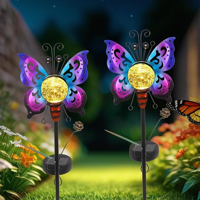 Solar Butterfly Garden Stake Lights Outdoor Waterproof 2 Pack Metal Butterfly Solar Lights for Outside Yard Lawn Patio Decor Garden Stakes Decorative Outdoor Lawn Ornaments Gardening Gifts for Women