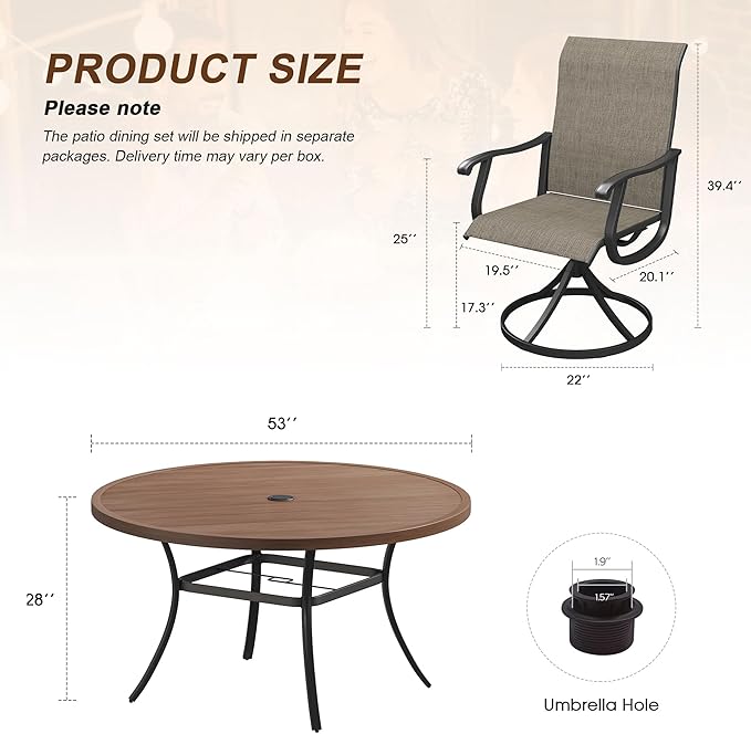 VICLLAX Patio 9 Pieces Outdoor Dining Set,Wrought Iron Metal Outdoor Table and Chairs Set,53" Round Table with Umbrella Hole and 8 Swivel Textilene Chairs for Lawn,Garden,Porch,Walnut/Brown