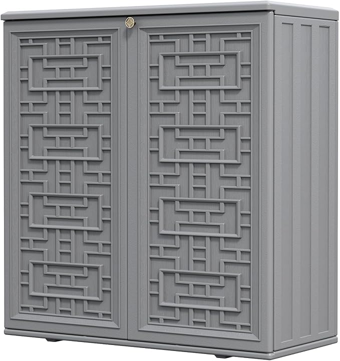 HOMSPARK Indoor/Outdoor Storage Cabinet with Doors and Shelf, 34”x15”x36” HDPE Plastic Storage Box Waterproof for Patio, Garden, Balcony, Multi-Purpose for Daily Tools, Grey