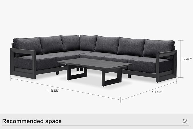 PURPLE LEAF Patio Furniture Set L-Shaped Outdoor Couch with 9.6" Thick Cushion and Soft Pillows 7 Piece Outdoor Sectional Sofas with Table Modern Outdoor Conversation Sets for Yard Porch Deck, Grey
