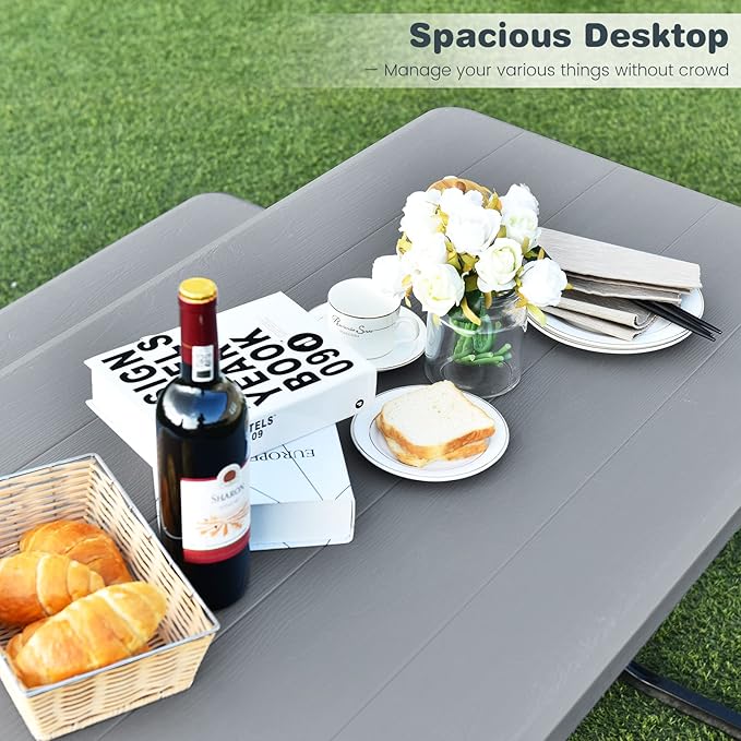 ORALNER Picnic Table, Resin Dining Table & 2 Benches Set, Weather Resistant Wood Grain Plastic Tabletop & Steel Frame, Picnic Tables for Outdoors, Porch Yard Patio Lawn Party Camping (Grey)