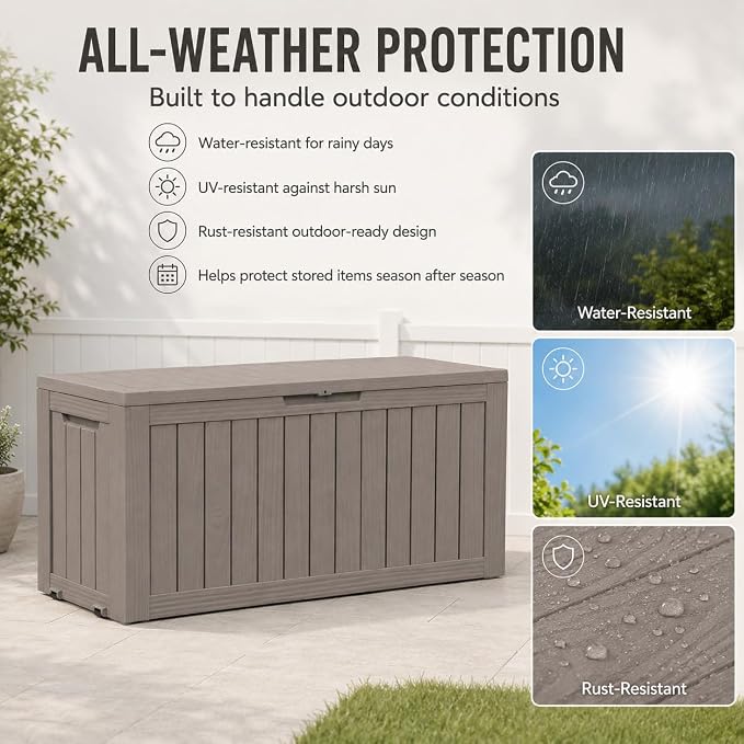 Outdoor Deck Patio Storage Box - 80 Gallon Resin Outside Storage Bin with Lid for Patio Cushions, Garden Tools, Pool Accessories & Backyard Toy Storage, Brown