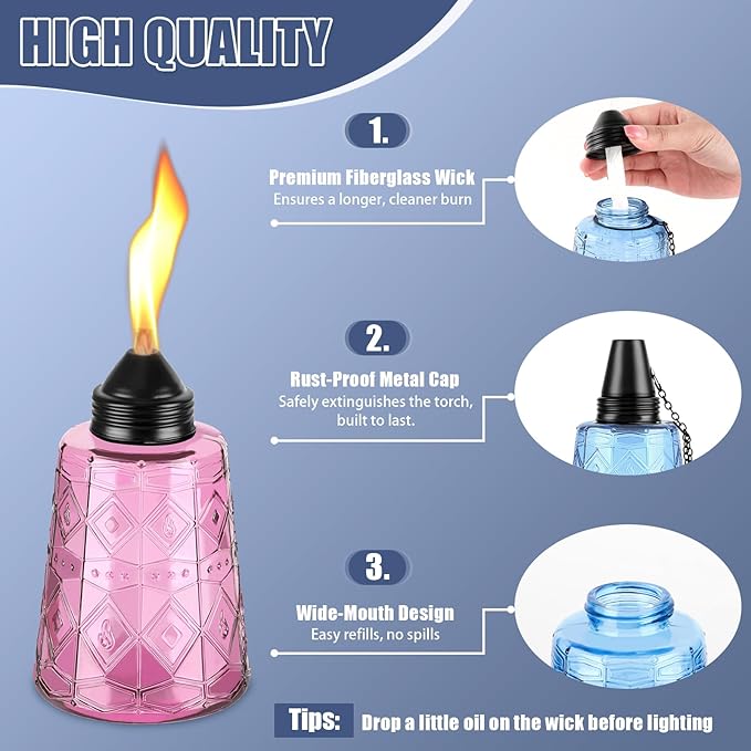 4-Pack Glass Table Top Torches - 12oz Refillable Citronella Torches Canisters for Outdoor, Includes Wick & Cap, Decorative Lanterns for Patio, Garden, Yard, Party, Landscape(Multi-Color)