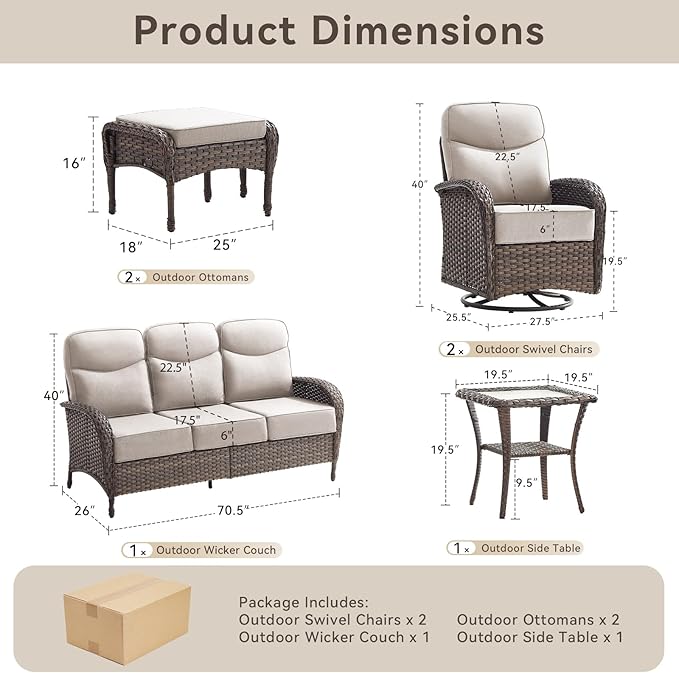 Luxury Outdoor Patio Furniture Set with 6-Inch Thick Cushions, 6 Pieces All-Weather Wicker Outdoor Furniture with Outdoor Rocking Chair, Outdoor Patio Conversation Sets for Garden Porch Deck, Beige