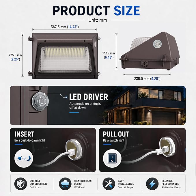 JCE LED Wall Pack with Dusk to Dawn Photocell,120W 18,000LM Wattages Adjustable Glass Lens Color Tunable IP65 Outdoor Security Flood Wallpack for Yard Parking Lot Warehouse (120W-20Pack)