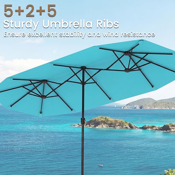 Tangkula 13 FT Large Patio Umbrella, Outdoor Double-Sided Table Market Umbrella w/Crank Handle, 12 Heavy-Duty Ribs, Sun-Protective Rectangular Twin Parasol for Garden Deck Lawn Poolside (Turquoise)
