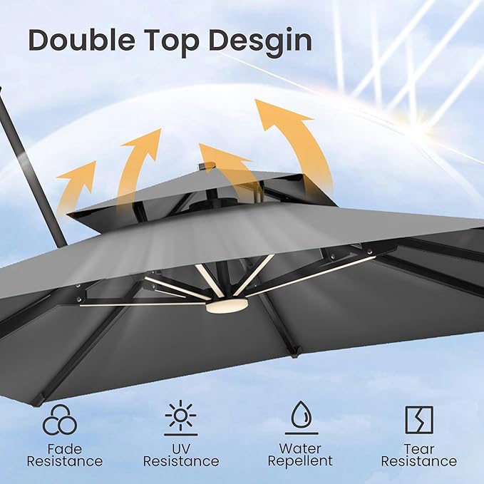 9x12 FT Cantilever Patio Umbrella with Led Lights Double Top Outdoor Rectangular Large Heavy Duty Aluminum Offset Umbrellas with 7 Level Tilt 360-degree Rotation for Pool Garden Deck, Grey