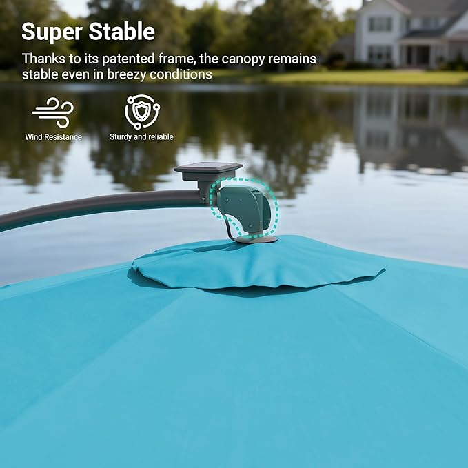 10ft Offset Patio Umbrella with Solar Light Strips,Outdoor Cantilever Hanging Umbrella with Cross Base, Fade Resistant Recycled Fabric, for Pool, Deck, Garden,Backyard,