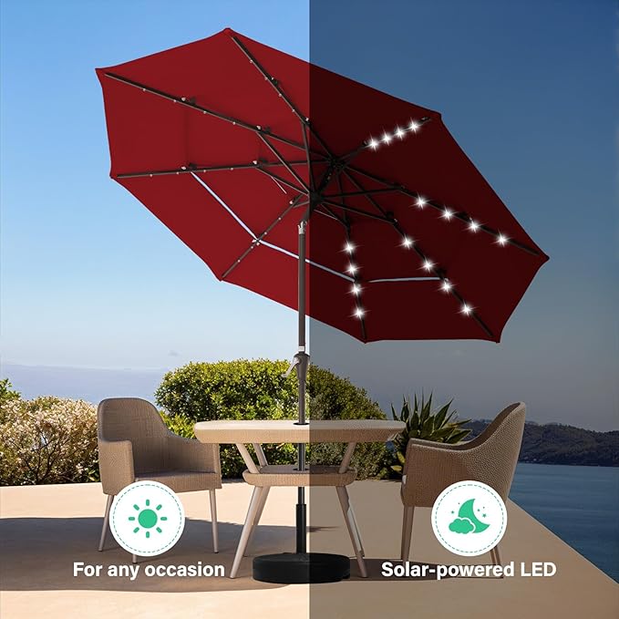JEAREY 3 Tiers Patio Umbrella with Solar Lights 9ft Outdoor Market Table Umbrellas with Push Button Tilt for Outside Pool Garden, Red