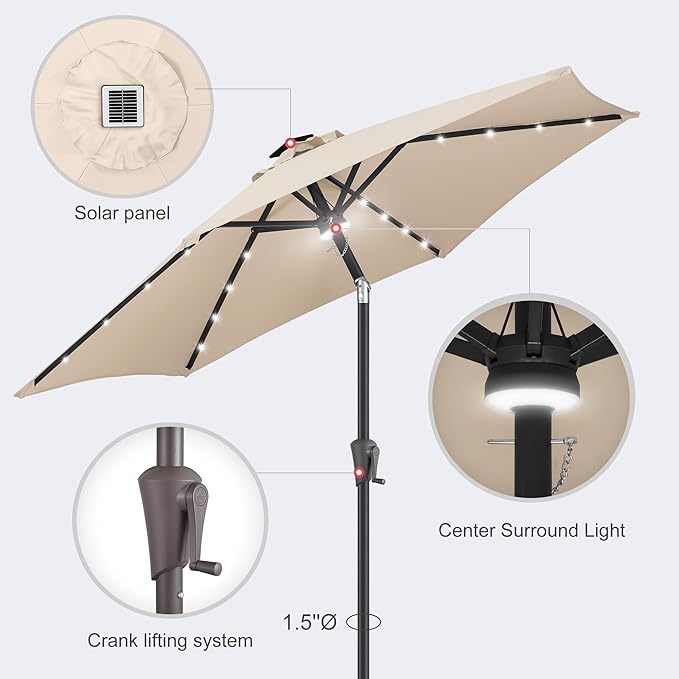 7.5ft Solar Umbrella Outdoor - Lighted Solar Patio Umbrella with 24 LED Lights Waterproof UV Protection, Table Umbrella with Tilt for Pool, Porch, Garden, Deck, Backyard (Beige)