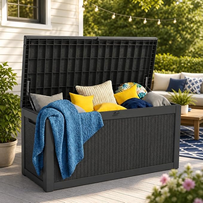 LAUSAINT HOME 260 Gallon XXXL Outdoor Deck Box, Waterproof Resin Storage Box Bench with Lock, Large Patio Cushion Storage, Garden Tool Organizer, Pool Storage Container, 3-Person Seat, Black